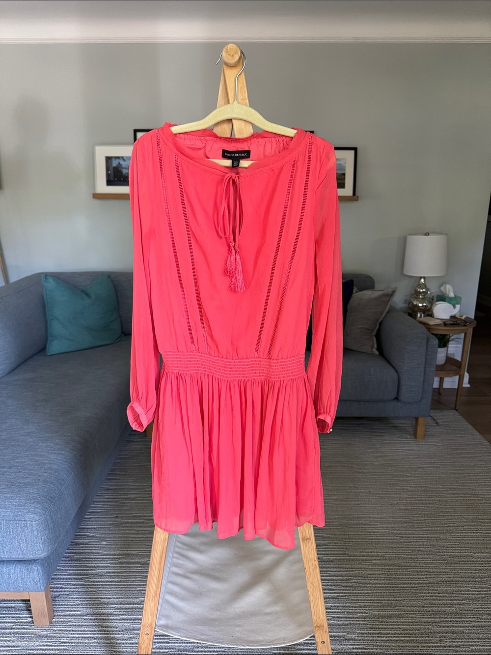 Banana Republic Coral Pink Long-Sleeve Tassel Tie Mini Dress